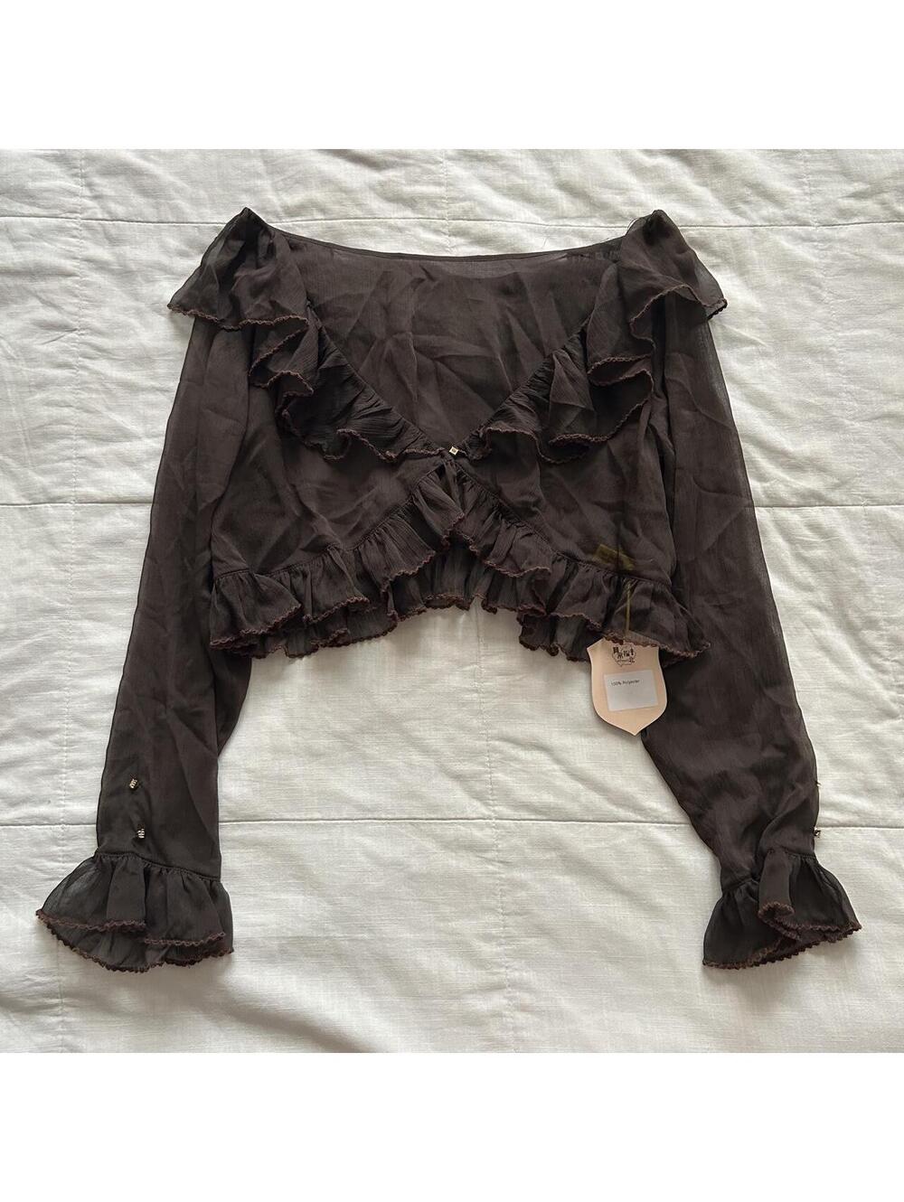 Brown Sheer Chiffon Cropped Bolero Ruffle Bell Sleeve Shrug Medium Japan NWT